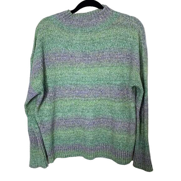 Talbots Striped Pullover Sweater Womens L Green Button Mock Neck Ribbed Wool - Picture 4 of 8